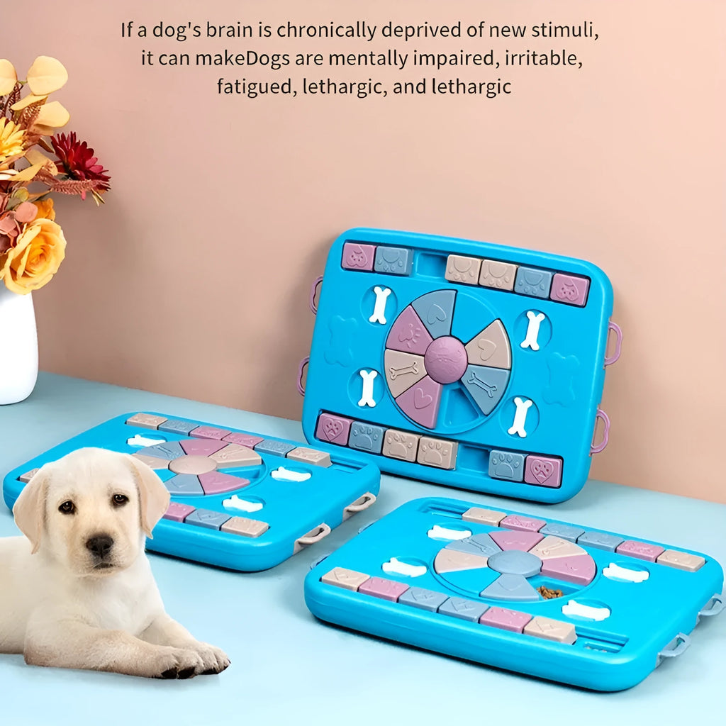 Blue interactive dog puzzle toy with four switches and sliding panel on anti-skid base