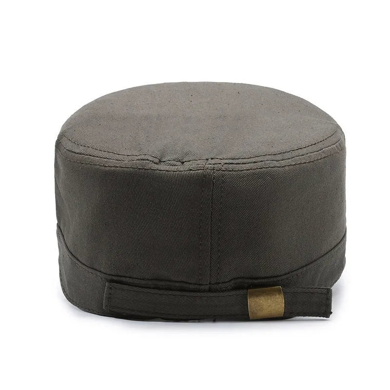 Men's cotton flat-top peaked cap in army green colour with adjustable sizing and dome crown