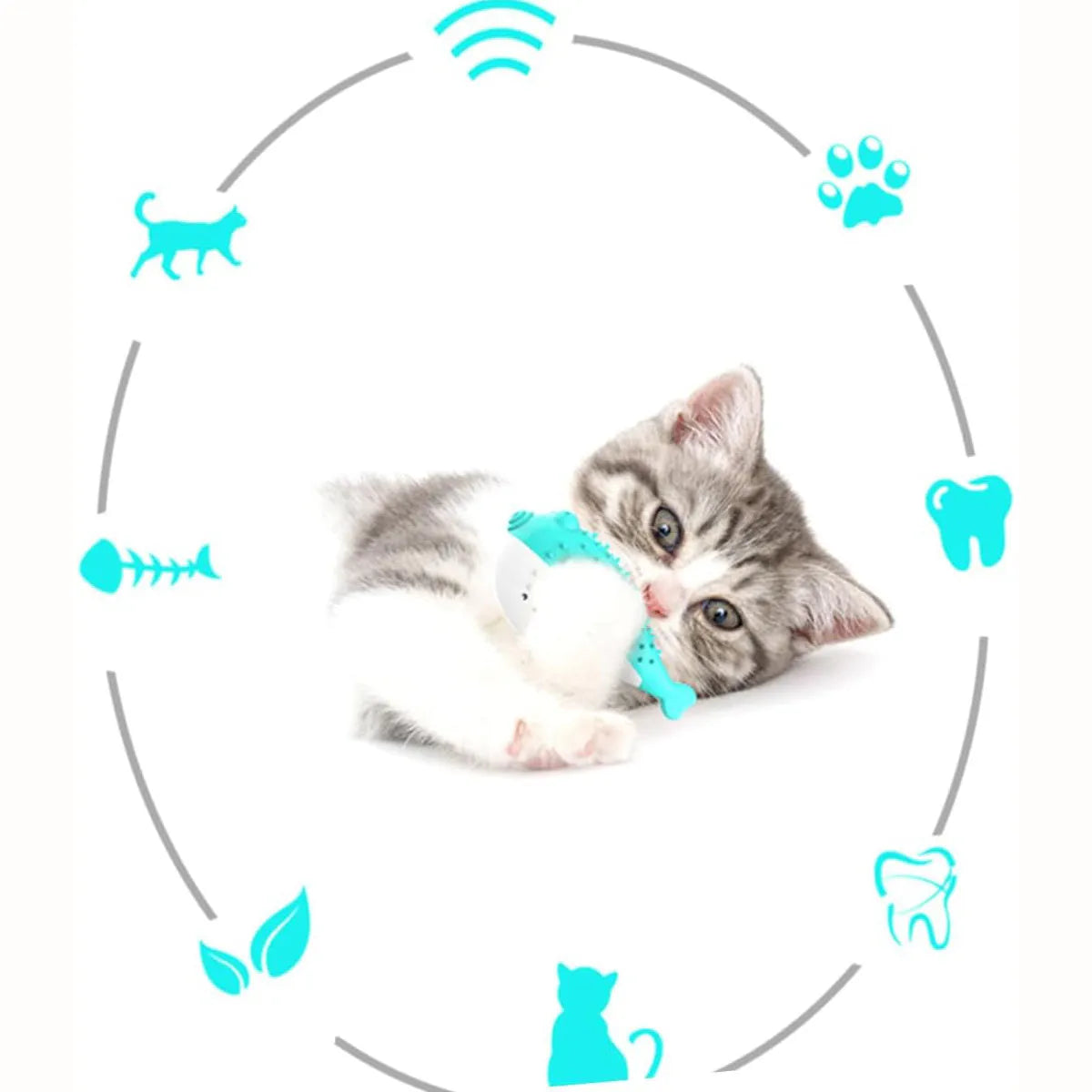 Mint Toys silicone fish-shaped cat chew toy for dental cleaning and play in assorted colours.