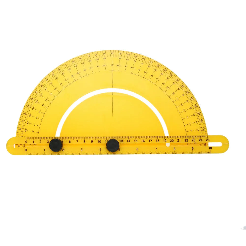 A white plastic angle measuring tool with a 30cm arm and 180 degree scale board on a wooden surface.