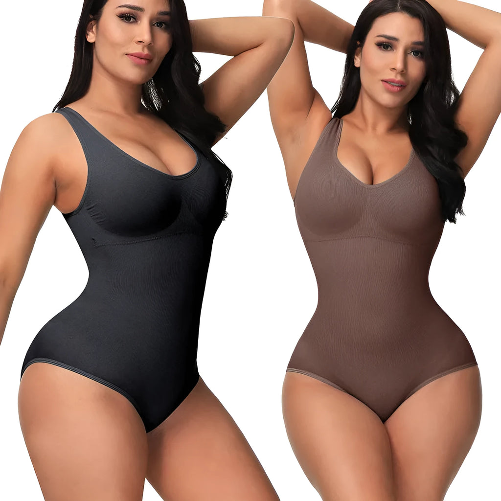 Seamless nylon corset bodysuit for women in green colour on a size chart.