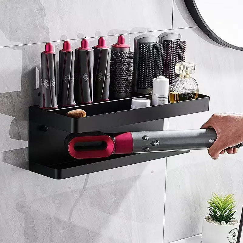 White double-layer aluminium bathroom storage rack holding hair curlers with punch-free installation