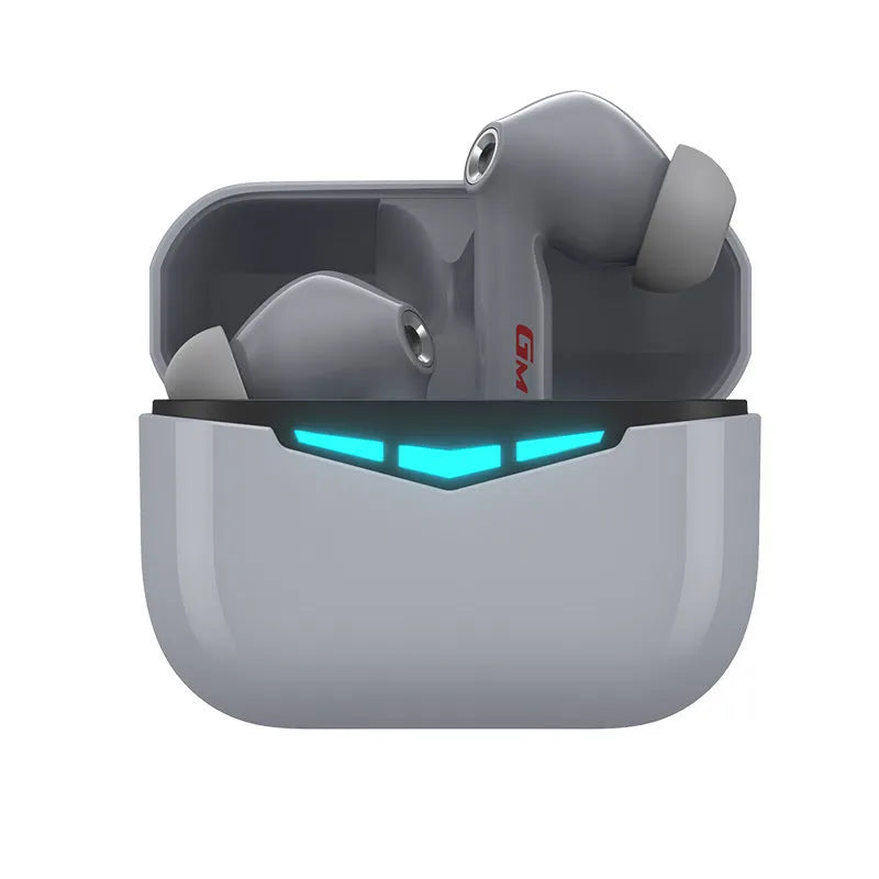 True wireless gaming earbuds in black, pink, white, and grey colours with charging case.