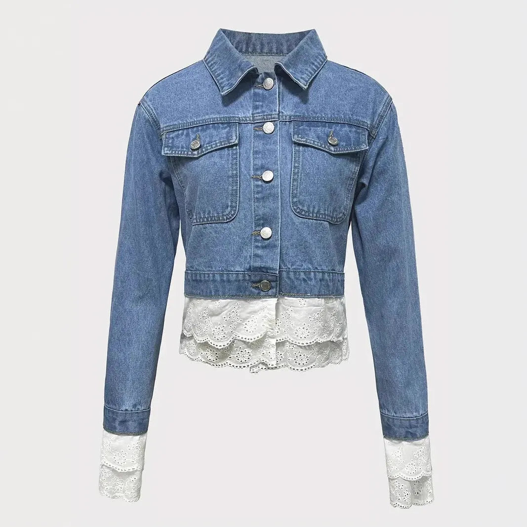 Blue women's denim jacket with white lace stitching details on the front, showing long sleeves.