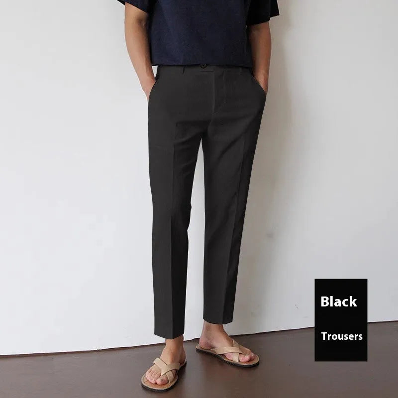 Men's cotton linen cropped straight-leg trousers in white, summer youth style with elastic waist
