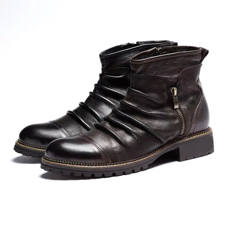 Men's black PU leather cowboy boots with side zipper, round toe, and mid-height horseshoe heel.