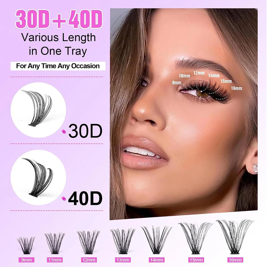 DIY mixed package of 30D and 40D cluster false eyelashes with tweezers on a pink background.