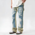 Retro patchwork jeans with yellow and blue splash-ink damaged design, zip fly, non-stretch denim