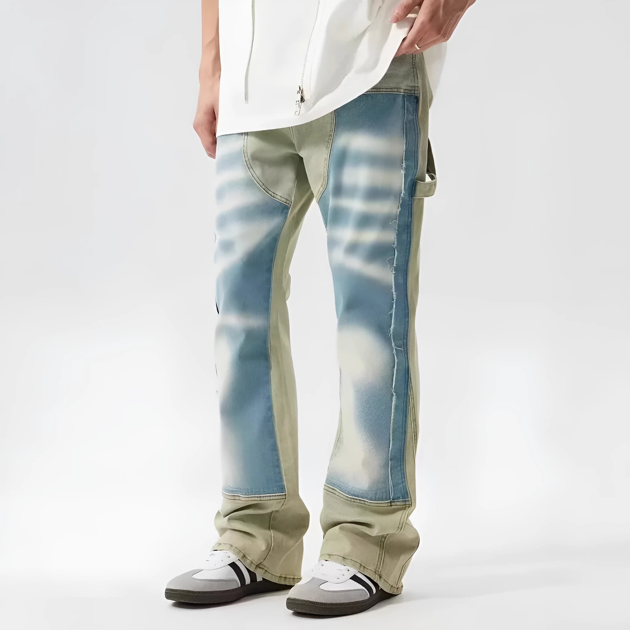 Retro patchwork jeans with yellow and blue splash-ink damaged design, zip fly, non-stretch denim