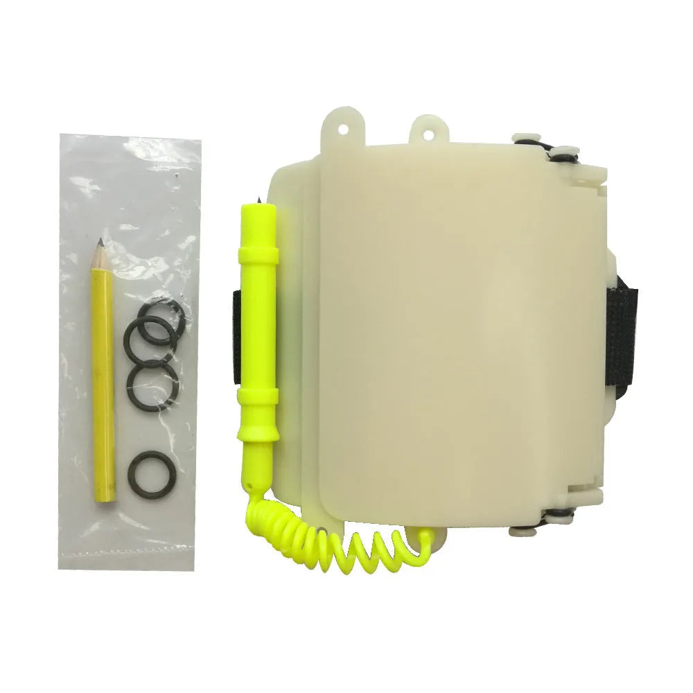 White luminous underwater writing wristboard for divers on a wrist, with pencil and spare o-ring.