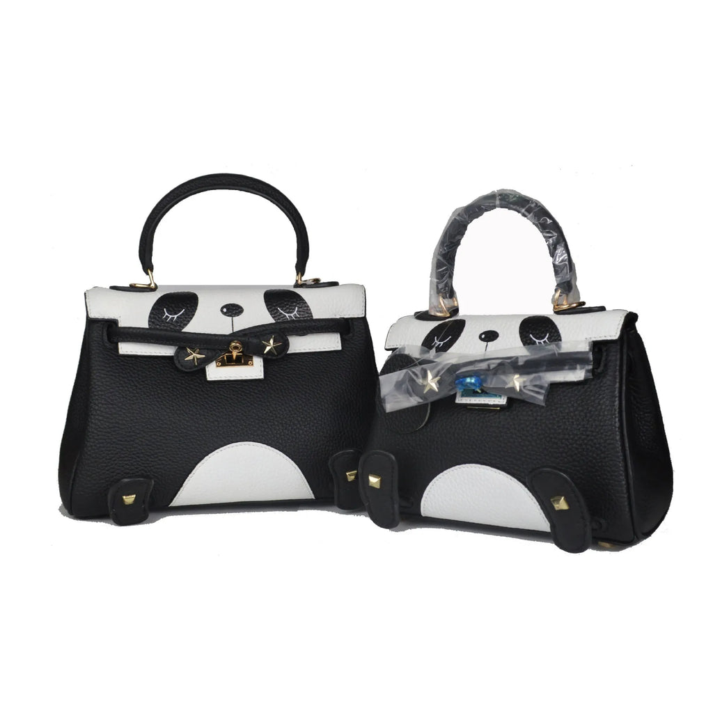Panda animal print cow leather handbag in a square shape, shown in two size options.