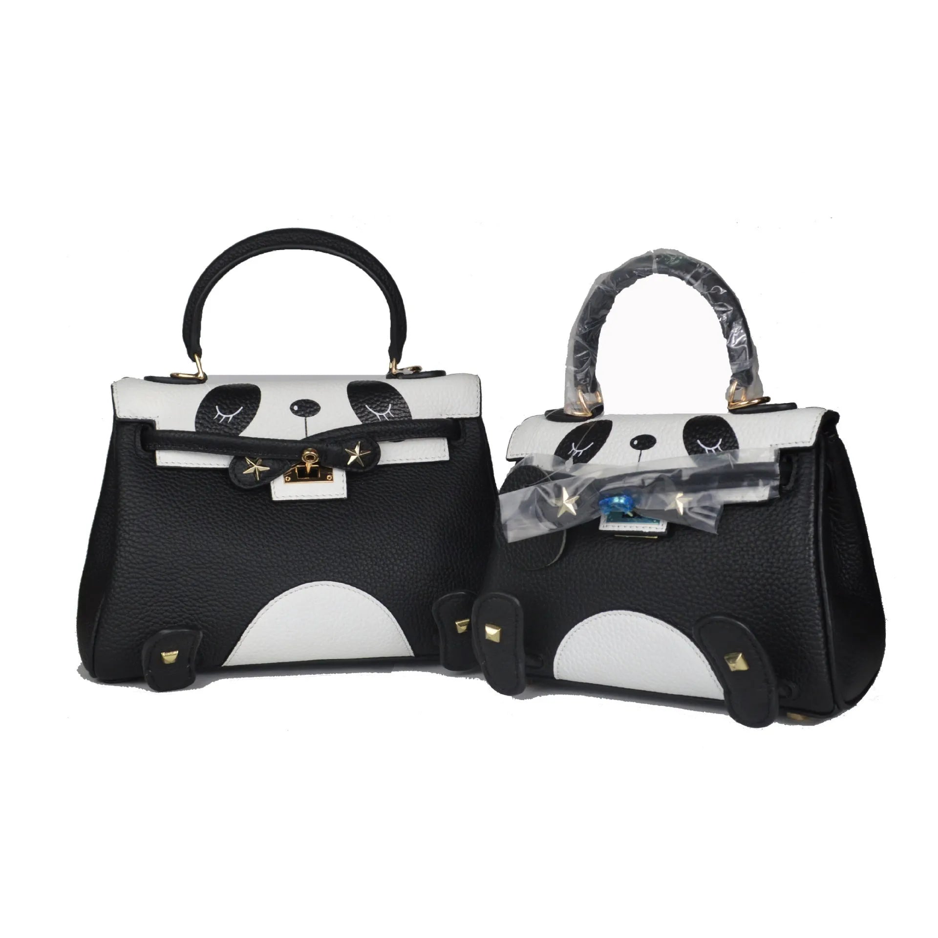 Panda animal print cow leather handbag in a square shape, shown in two size options.