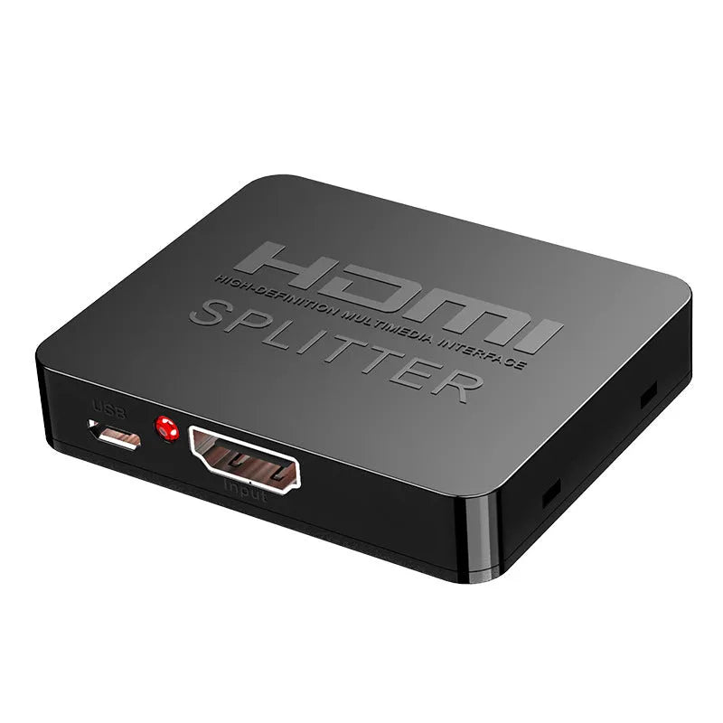 4K HDMI splitter device distributing signal to two displays with choice of US or EU power plug