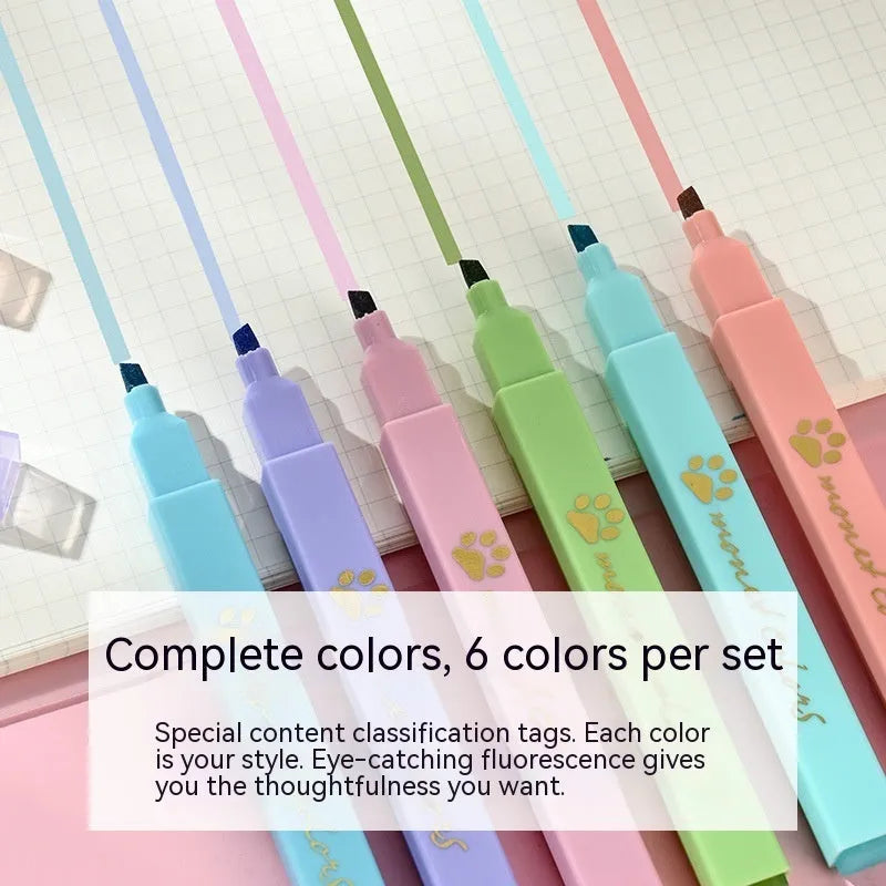 Cat's Paw fluorescent marker pen set of six with oblique heads in assorted colours