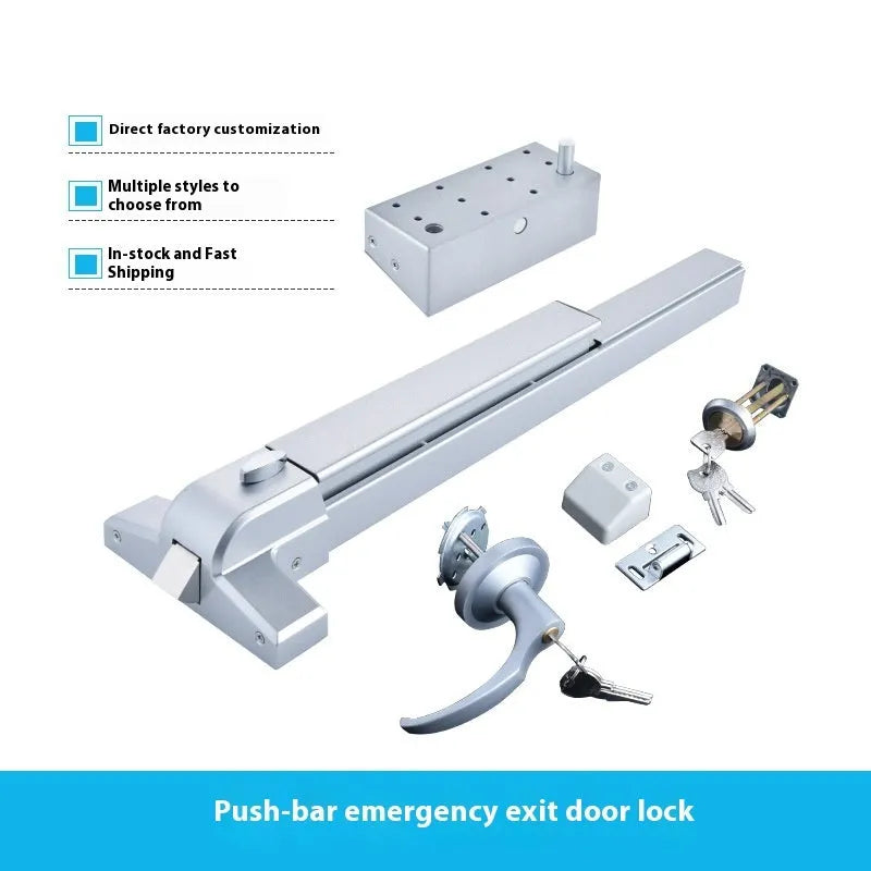 Stainless steel fireproof door push lock with external handle for 65cm wide doors.