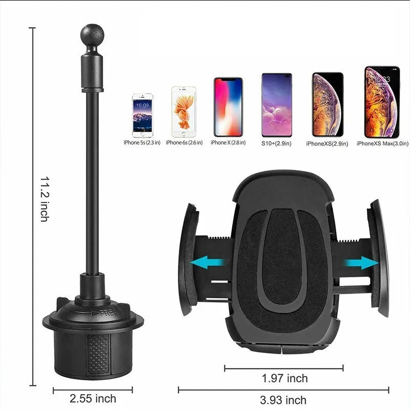 Black car cup holder mobile phone mount with ABS and aluminium tube encapsulation, placed in car cup holder