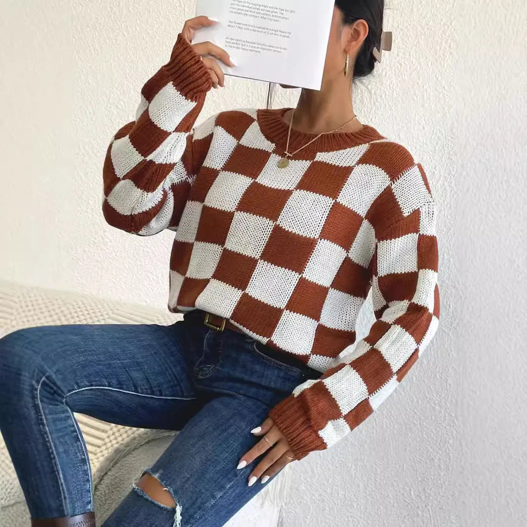 Dark brown plaid acrylic pullover sweater with loose fit and round neck