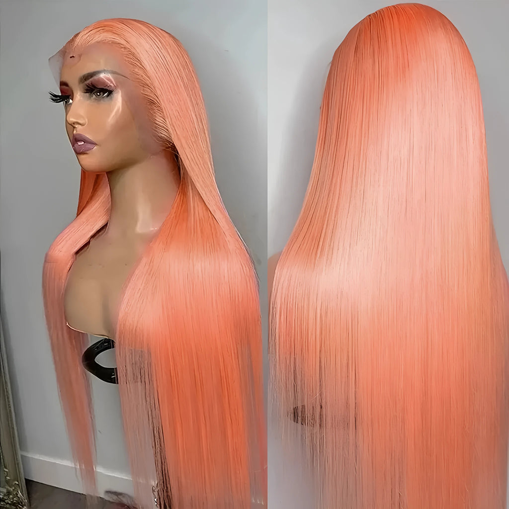 Light orange long straight front lace wig on a model, showing side bangs style.