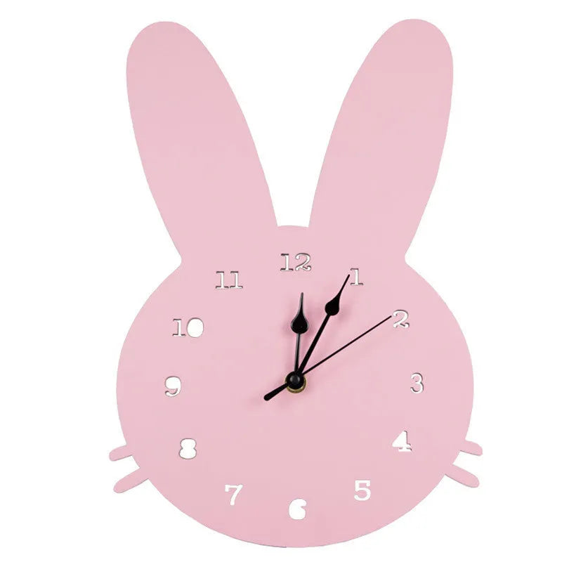 Wooden cartoon wall clock with battery-powered quartz movement in playful animal and shape designs