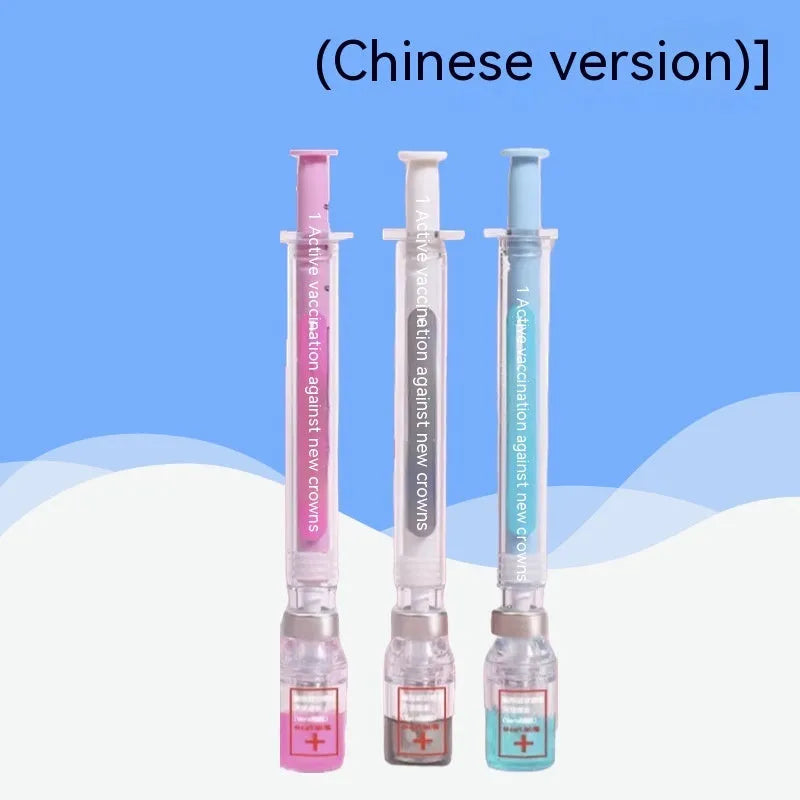 Black and clear plastic vaccine syringe design gel pen with 0.5mm tip on white background.