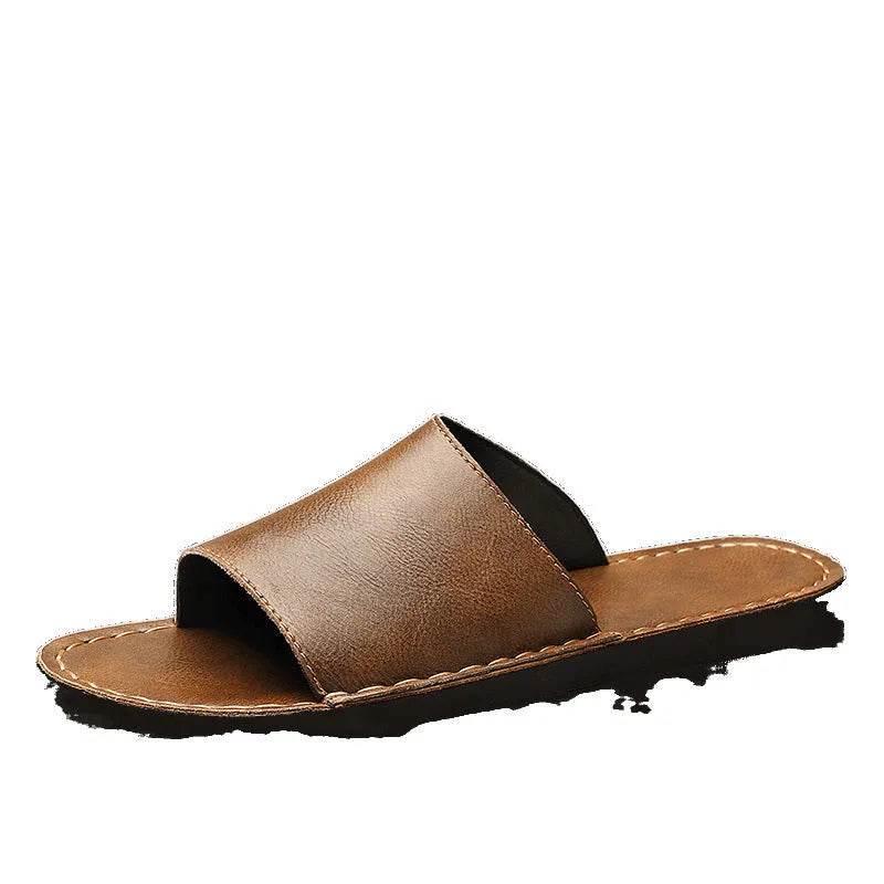 Men's brown and black leather casual sandals with rubber soles on size chart background