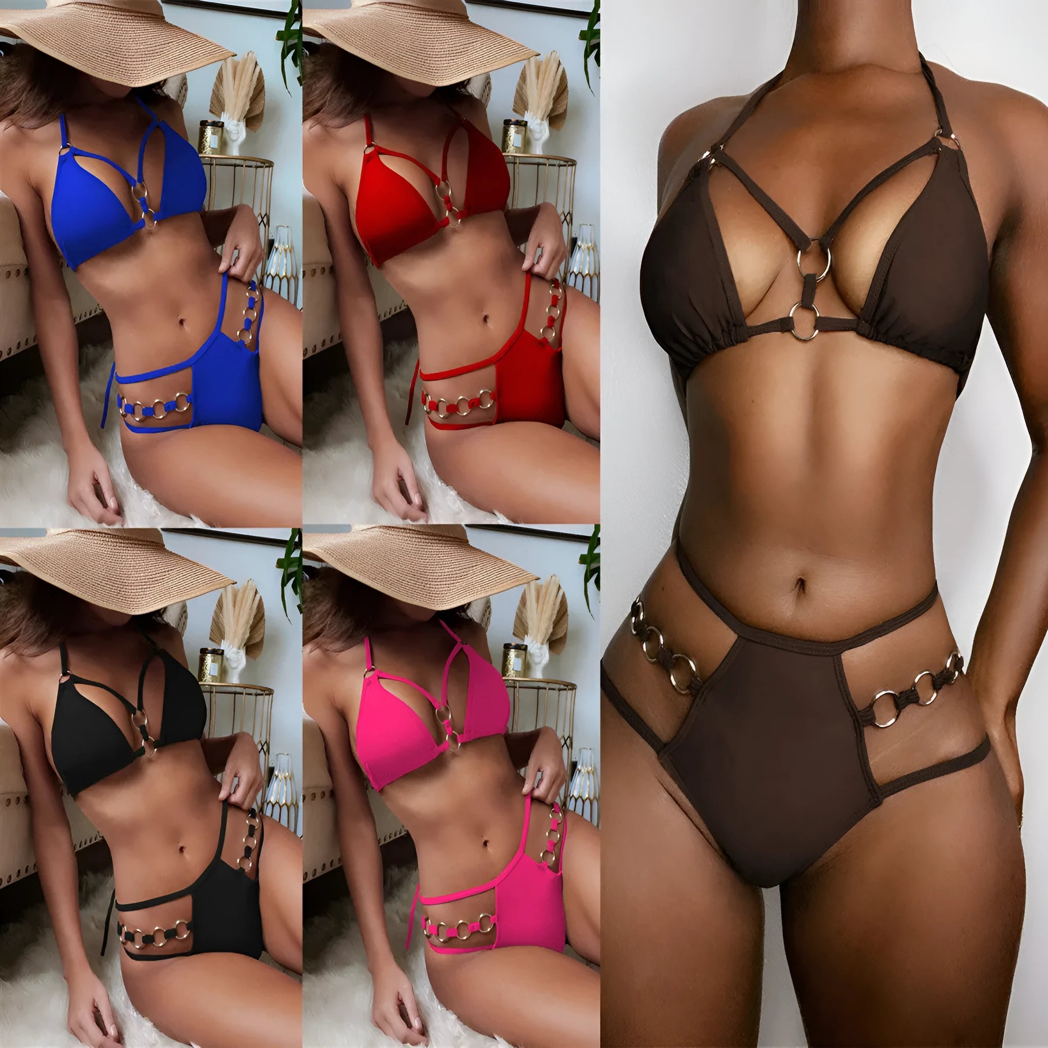 Women's separated nylon bikini set in red, including a bikini top and matching shorts.