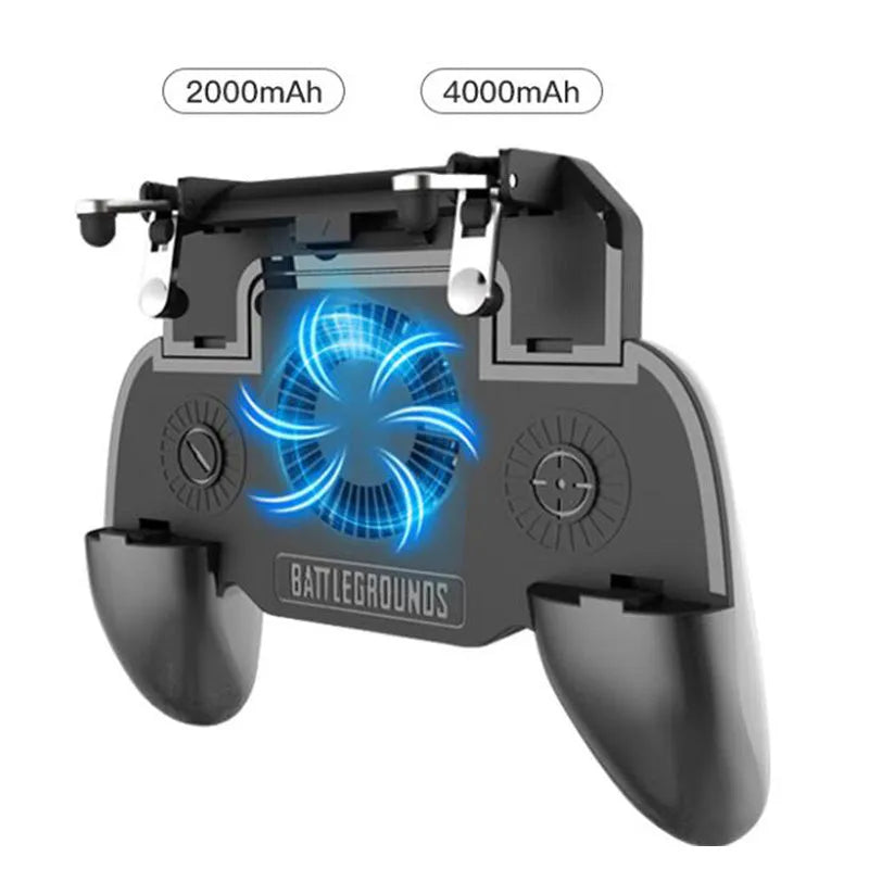 A black mobile phone game controller with USB cable and physical buttons on a compact body.