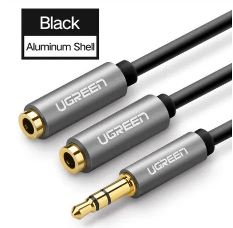 20cm black earphone cable with gold 3.5mm connectors on grey background