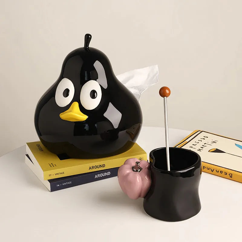White ceramic pear-shaped tissue box holder with cute animal design in black or green colour