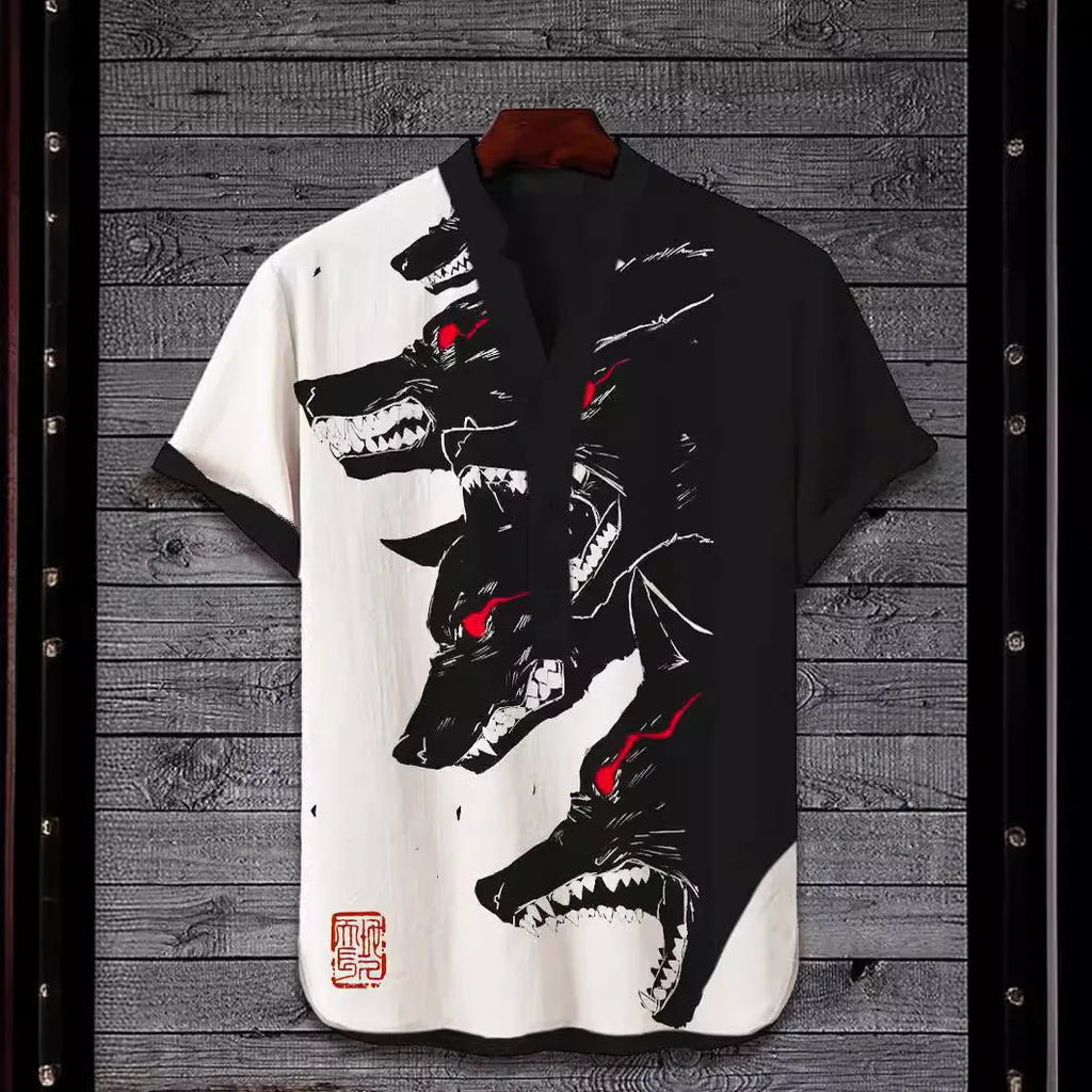 Man wearing a short sleeve t-shirt with a detailed 3D digital animal graphic print on the front.