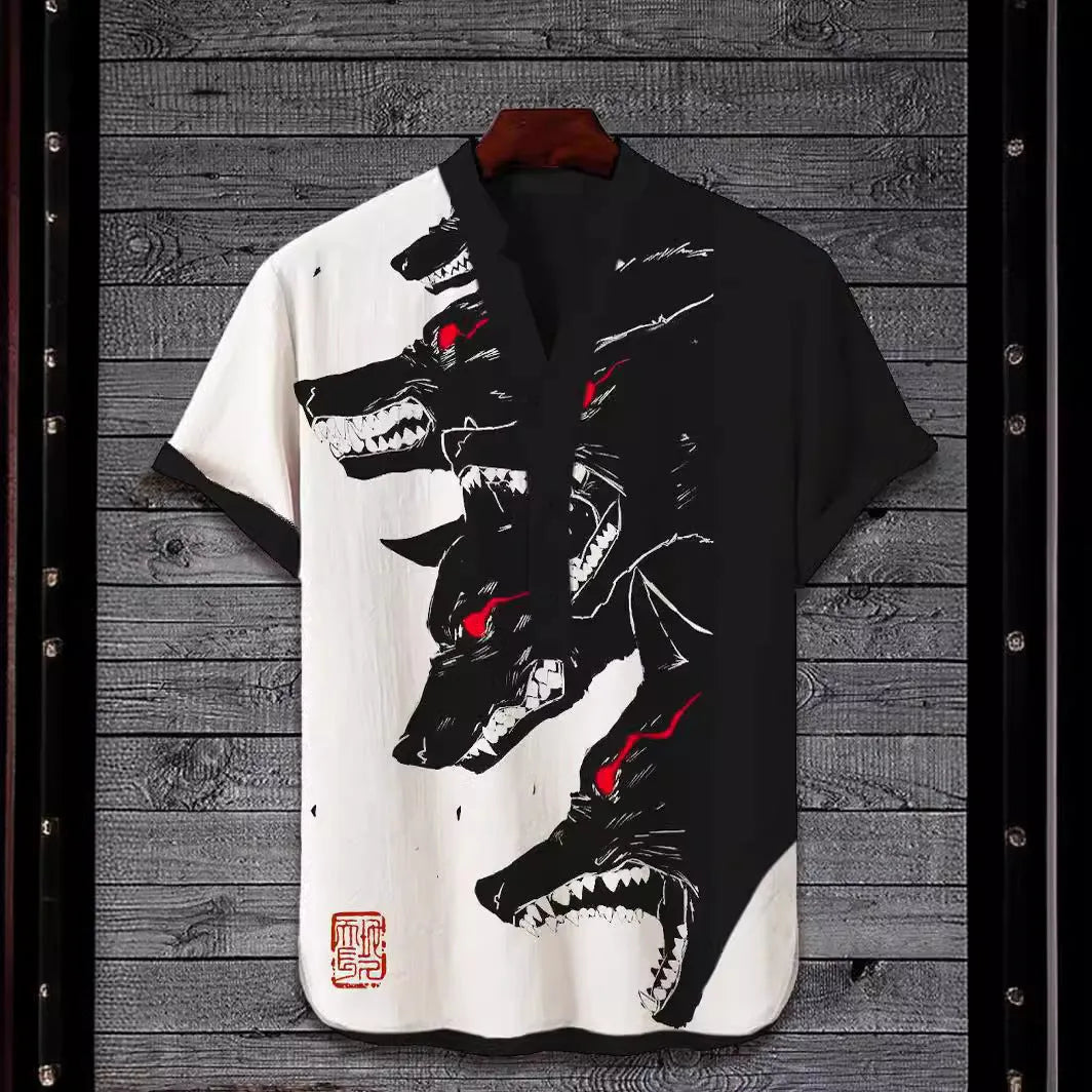 Man wearing a short sleeve t-shirt with a detailed 3D digital animal graphic print on the front.