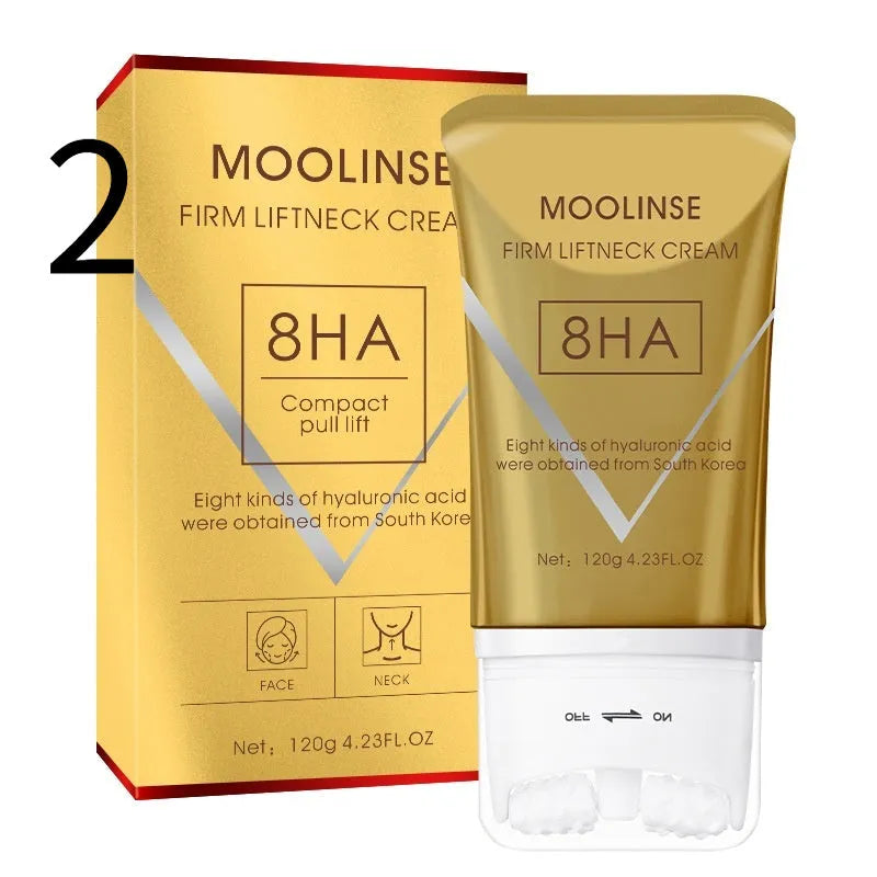 Neck moisturising cream jar with beauty massage roller for dry skin application