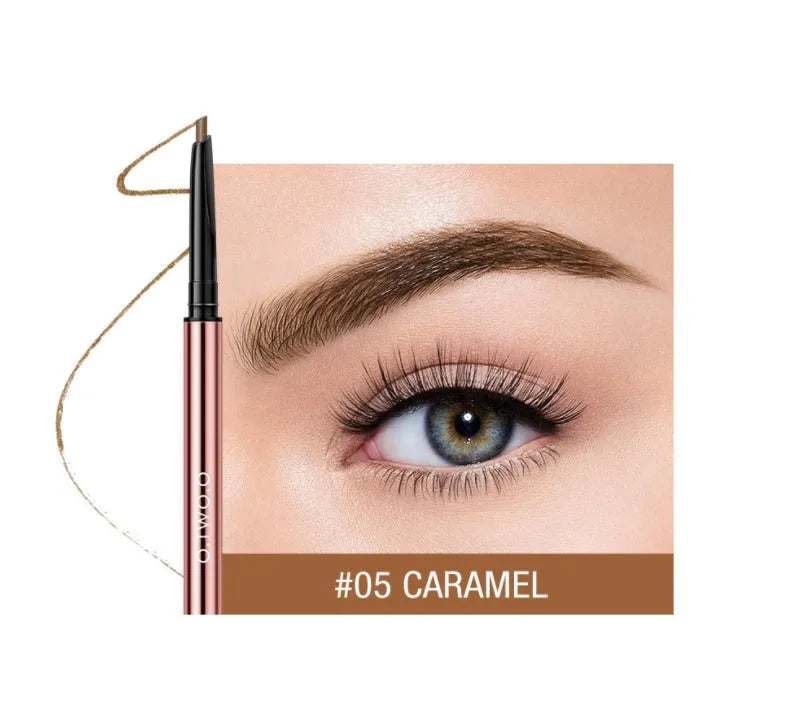 Slim square eyebrow makeup pencil in a colour box with six shade options: Auburn, Blonde, Caramel, Dark Brown, Soft Brown, Taupe.