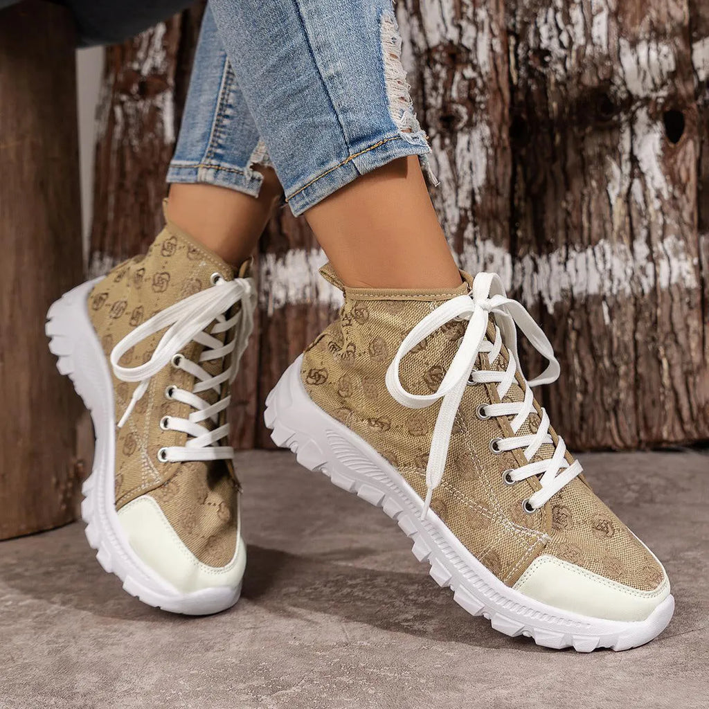 Women's rose print canvas lace-up boots with thick non-slip sole in black, pink, and khaki