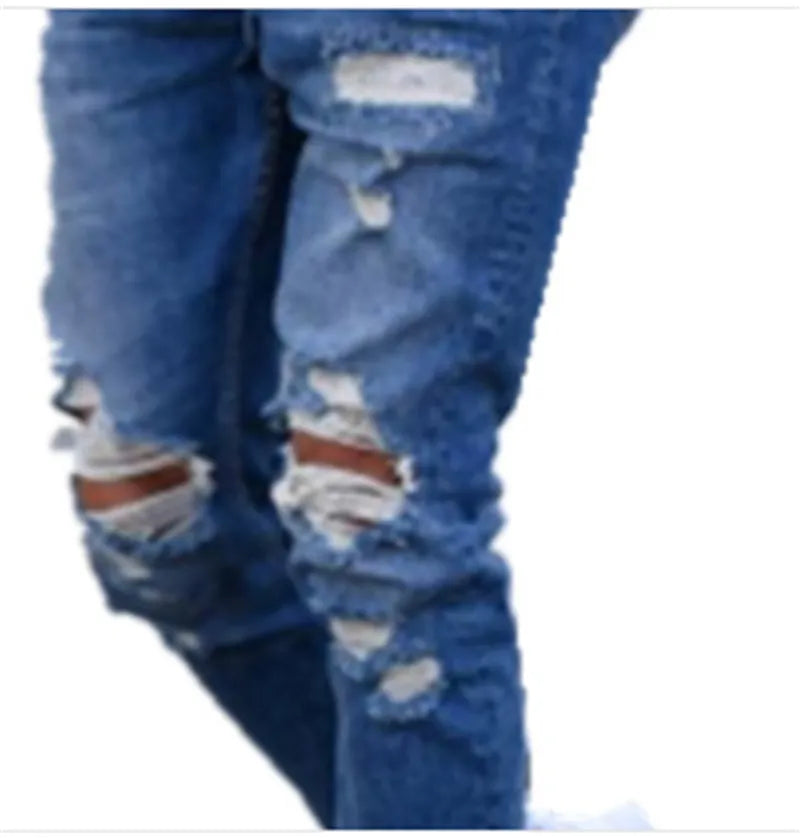 Deep blue men's jeans showing distressed hole details on the legs