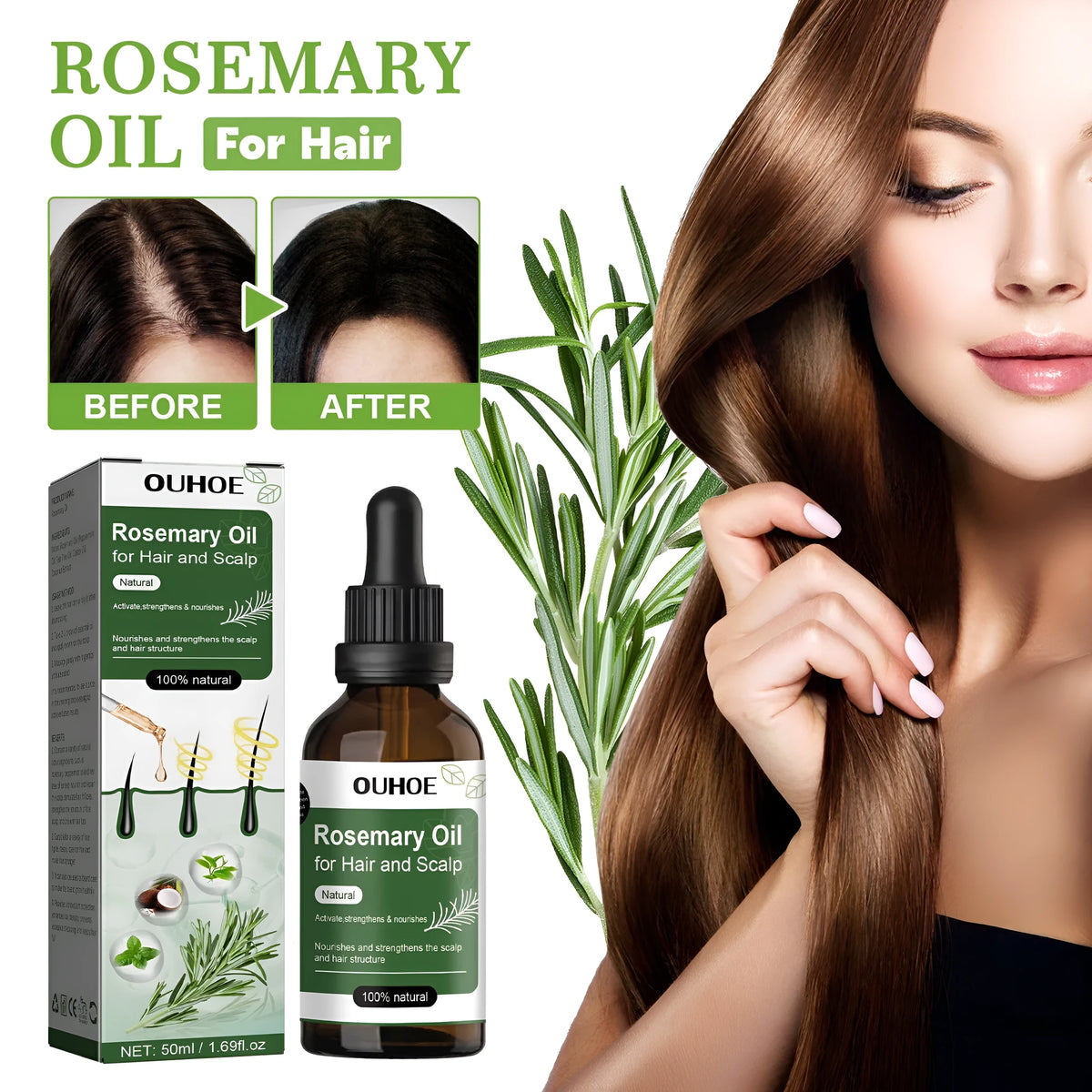 50ml anti-drop nourishing hair care essential oil with rosemary and peppermint in a small bottle