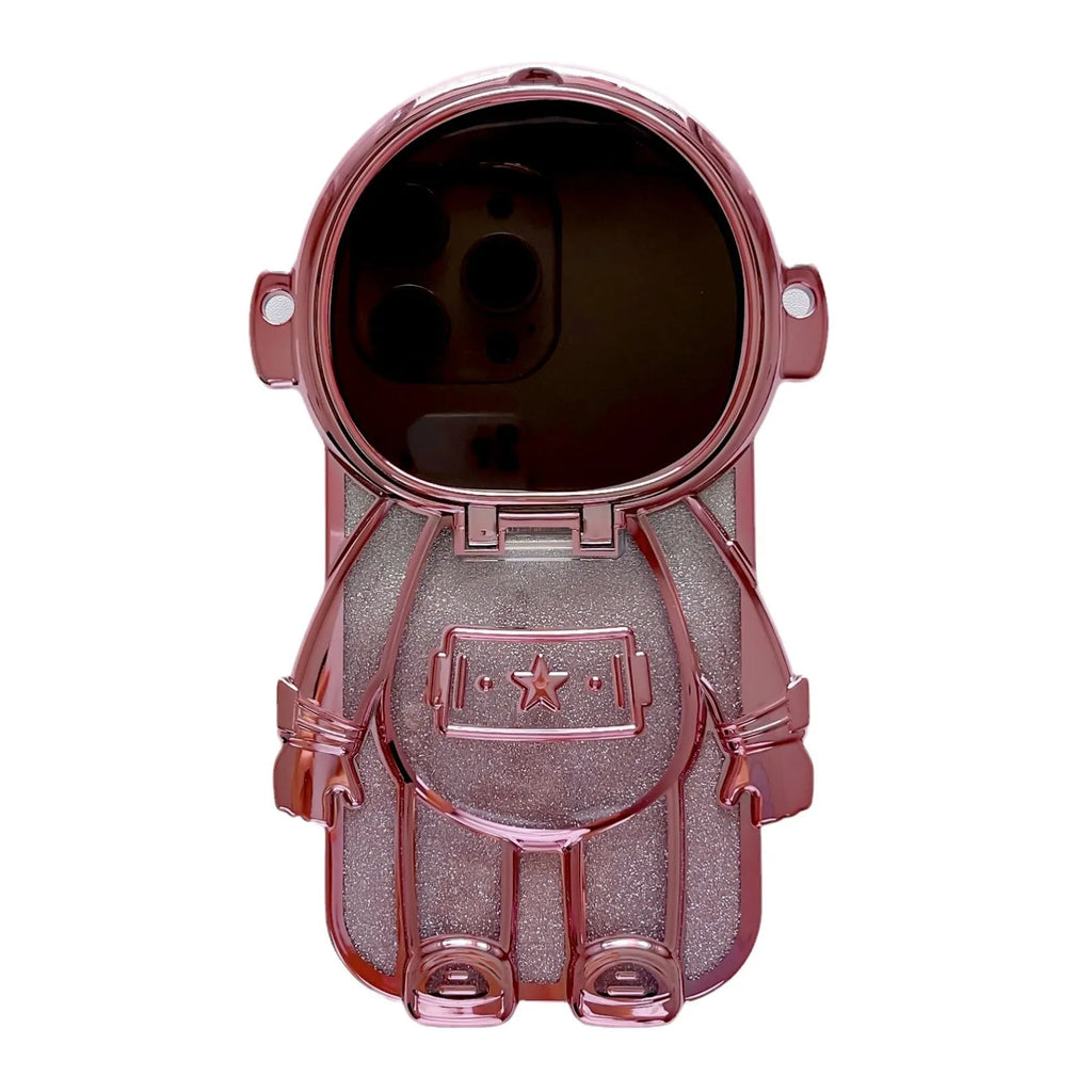 Electroplated TPU astronaut phone case for iPhone 14 Pro Max in pink with mirror finish, bracket, and lanyard.
