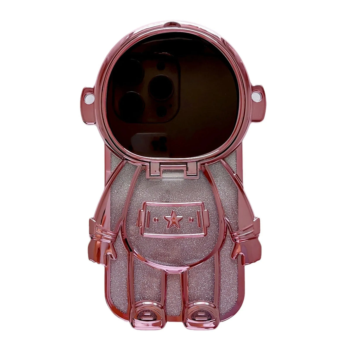 Electroplated TPU astronaut phone case for iPhone 14 Pro Max in pink with mirror finish, bracket, and lanyard.