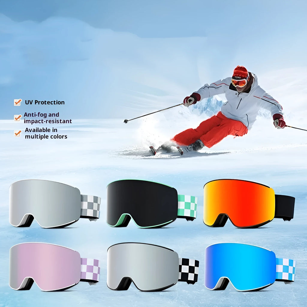Spherical ski goggles with double-layer anti-fog lens, TPU frame, and PC lens in six colour options