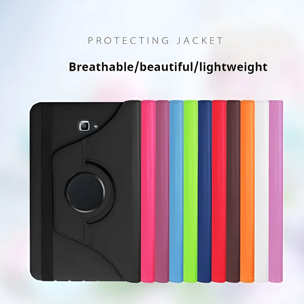 Rotating leather clamshell case for iPad 1 tablet in multiple colour options on a desk.