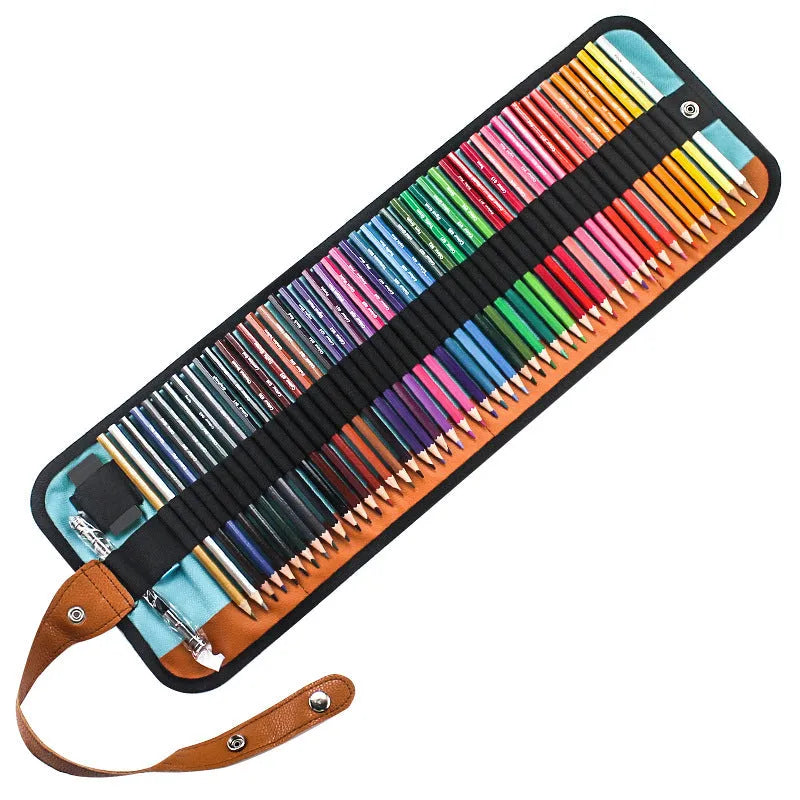Wooden box containing 50 coloured pencils for oily painting with a separate pencil case.