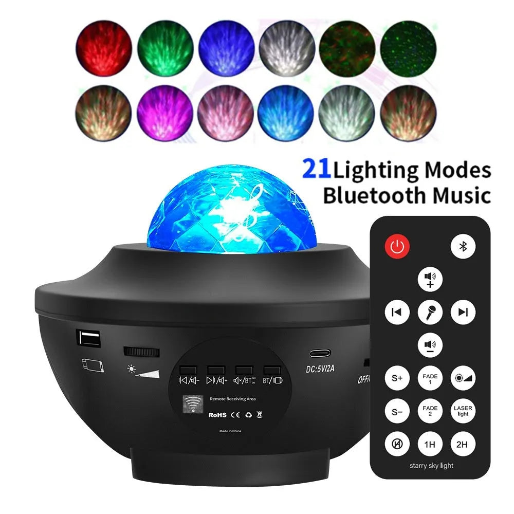 Black parallel style starry sky projection lamp with Bluetooth and rotating water ripple effects