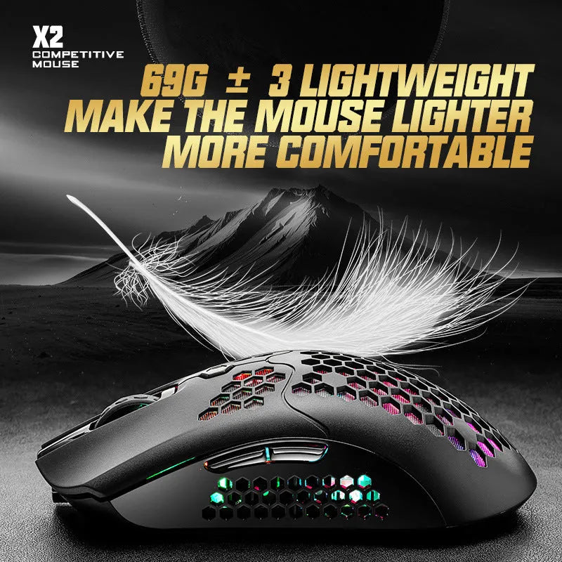 Free Wolf X2 wireless gaming mouse in black, green, pink, white, or yellow with RGB lighting and dual-mode connectivity