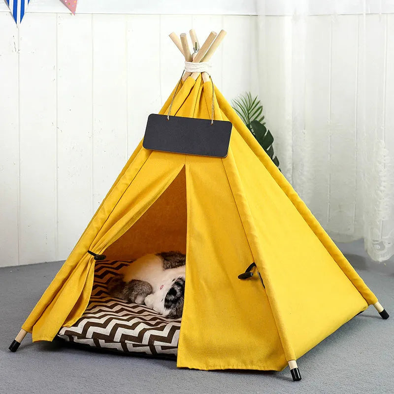 White striped pet teepee tent with cushion for small dog or cat indoors