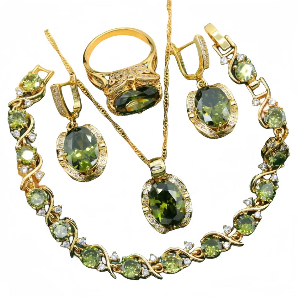 Women's full rhinestone zircon jewellery set with snake bone chain necklace, earrings and ring in olive green or red colour