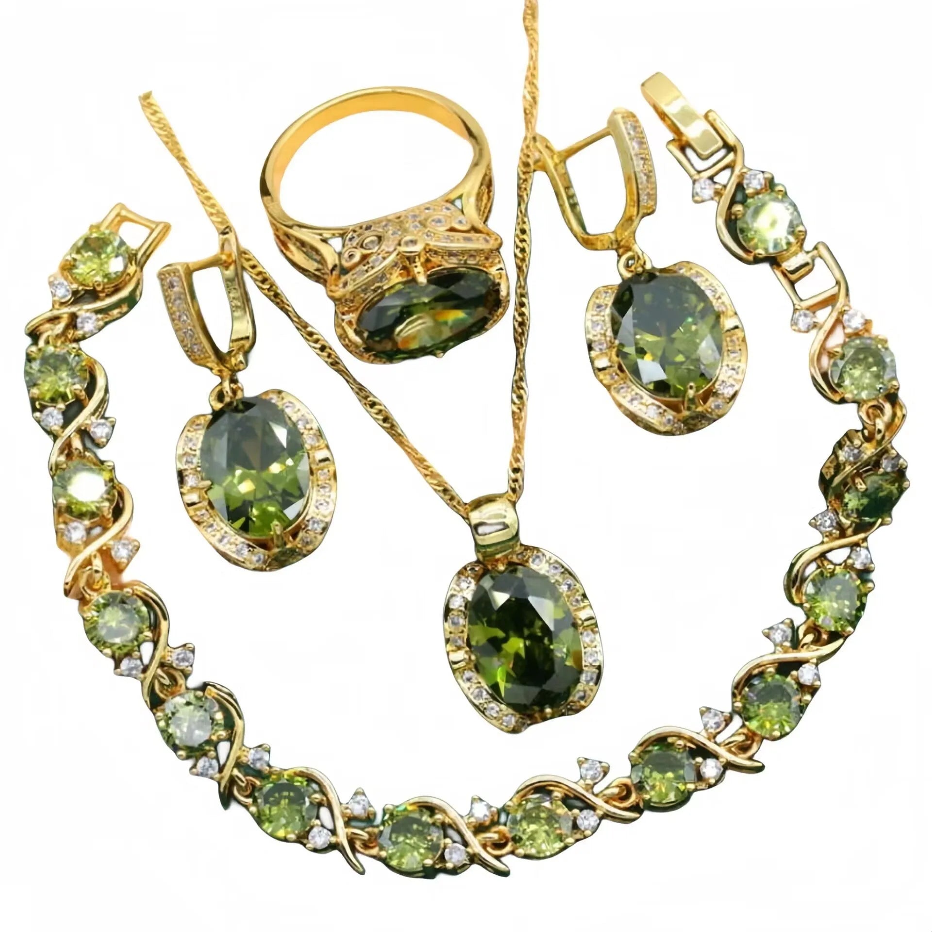 Women's full rhinestone zircon jewellery set with snake bone chain necklace, earrings and ring in olive green or red colour