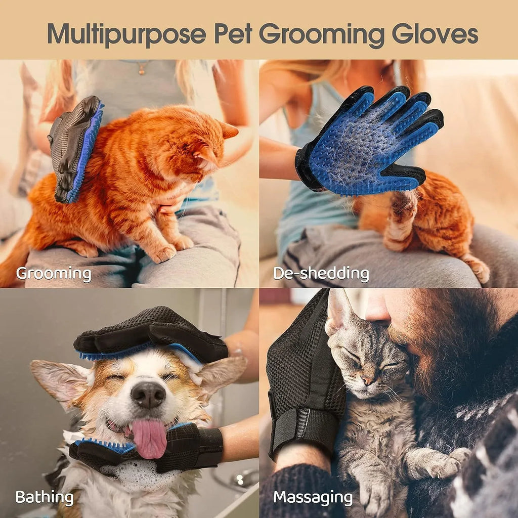 Blue pet grooming gloves with silicone tips for dog and cat hair removal