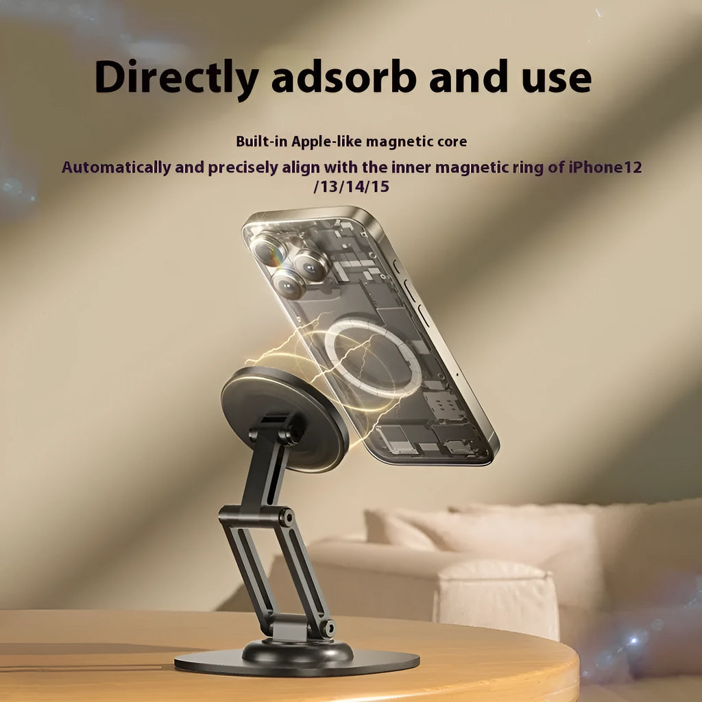 360 rotating foldable desktop phone stand in aluminium alloy for live streaming, black colour, sandblasted finish