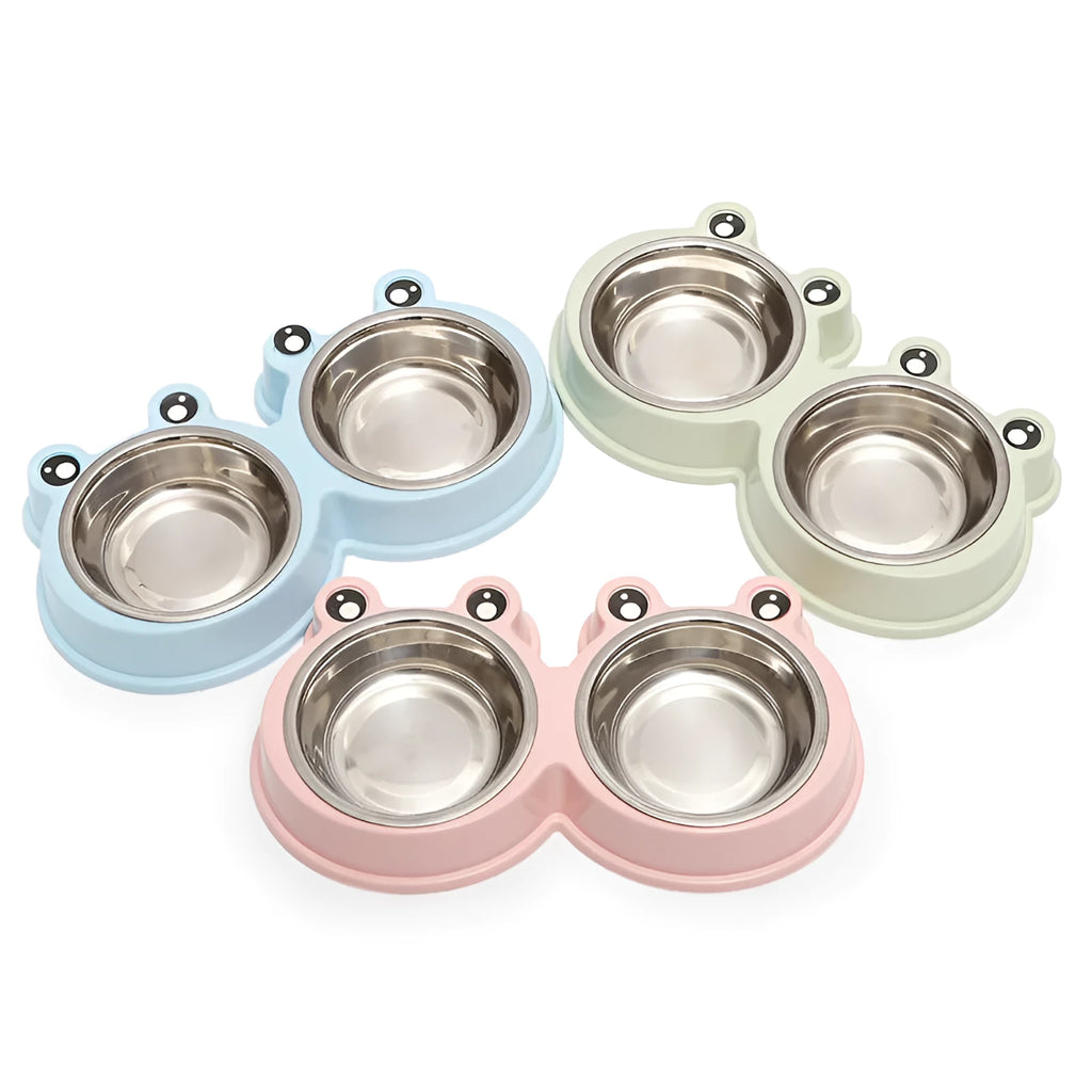 Stainless steel pet double bowl with non-slip frog base in blue, green, and pink colour options