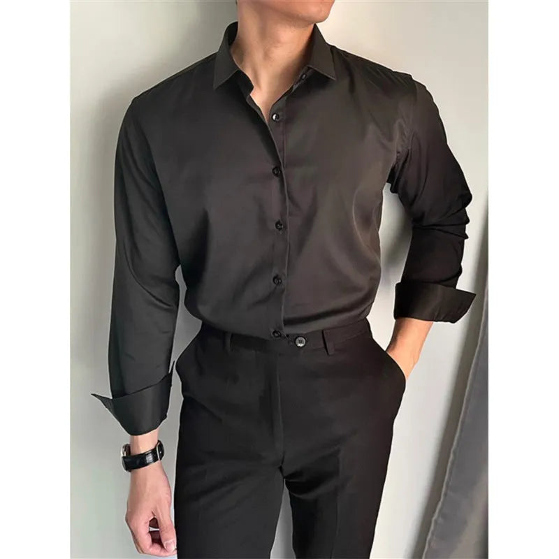 Men's spring summer slim fit solid colour leisure shirt in cardigan style, black colour option, on a model